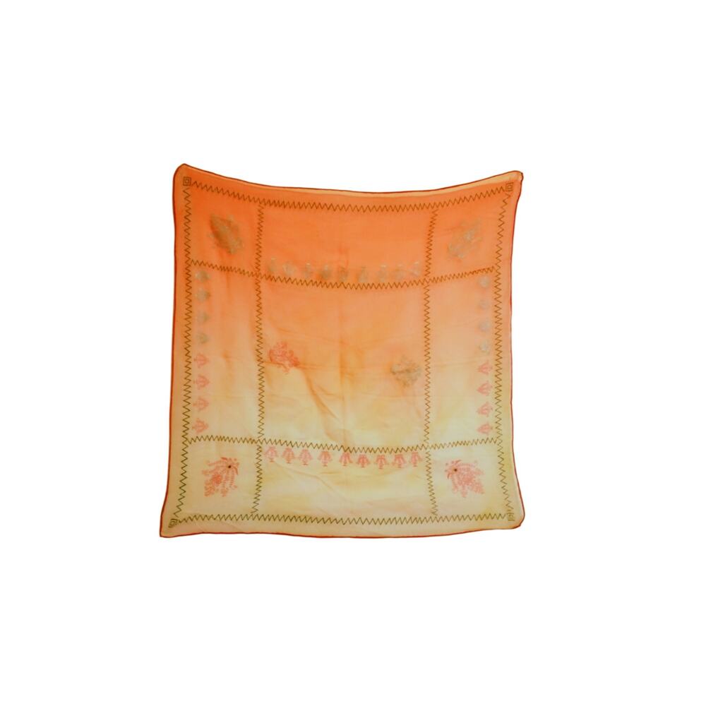 Vintage Orange Sheer Chiffon Scarf Gold Metallic Paisley Chevron Print Square